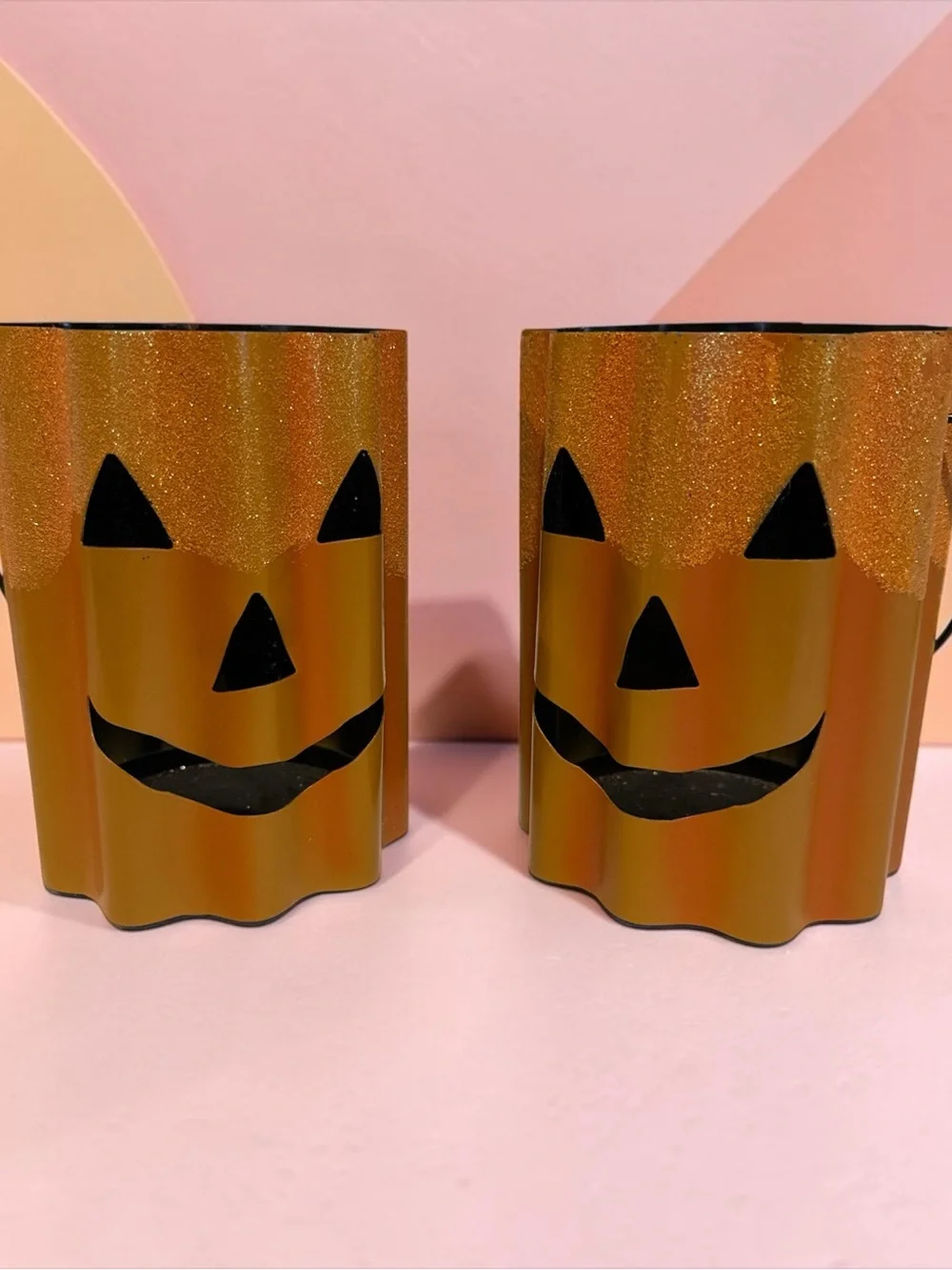 Pair of Halloween Pumpkin Jack-O'-Lantern Candle Holders - Orange